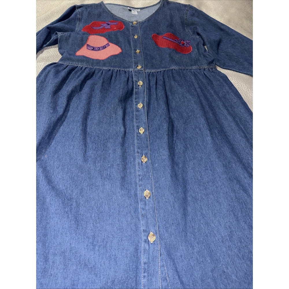 Vintage 90s Haiks Denim Maxi Button Dress Women's XL Cottagecore Teacher Casual - Picture 2 of 7